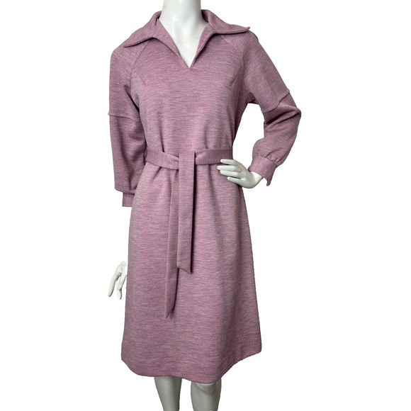 70s Bleeker Street Dress Size Large Pink Wide Collar Long Balloon Sleeve Belt - Picture 12 of 12